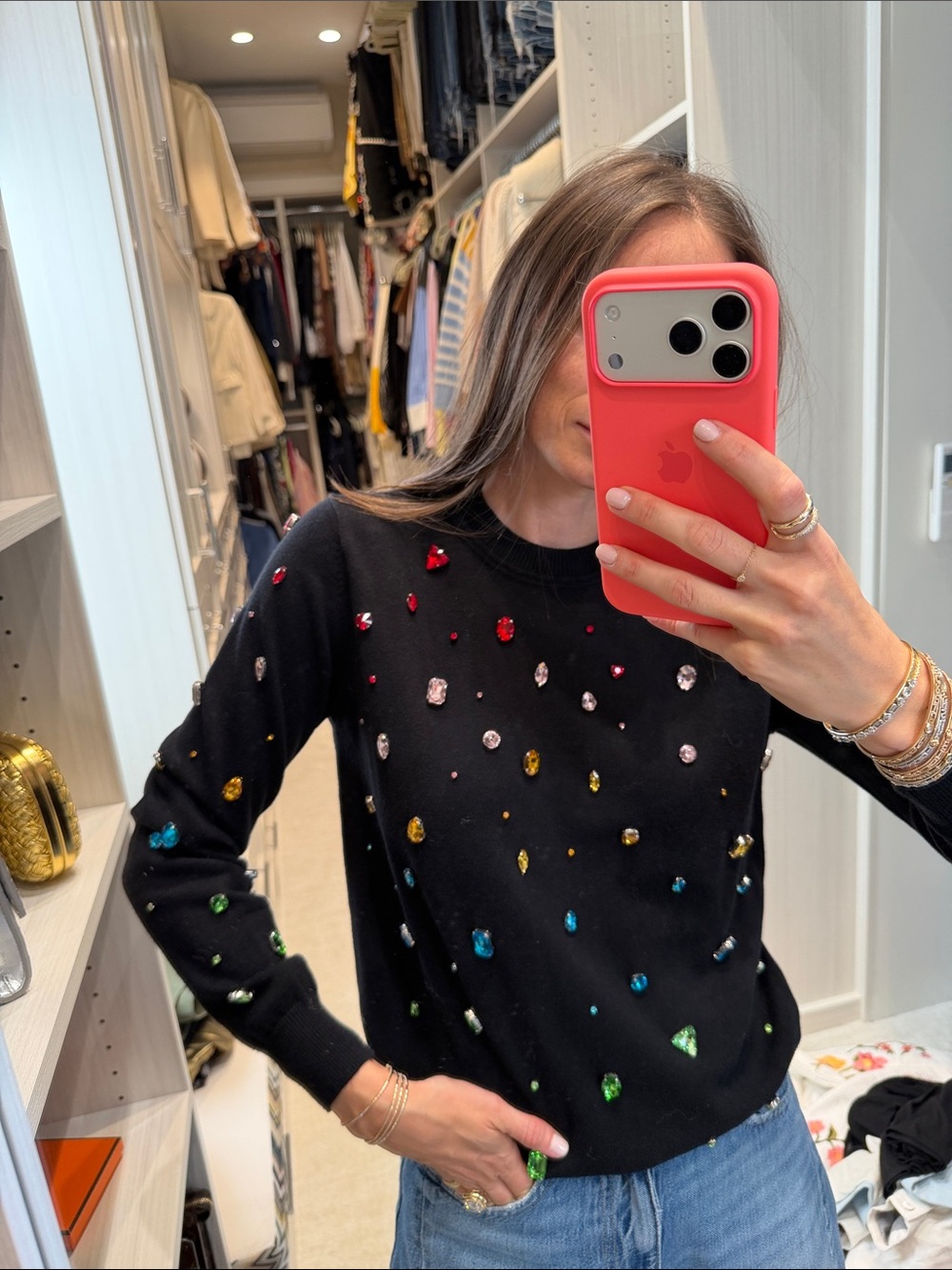 Minnie Rose Black Crewneck Sweater with Multicolor Jewel Embellishments - Picture 2 of 3